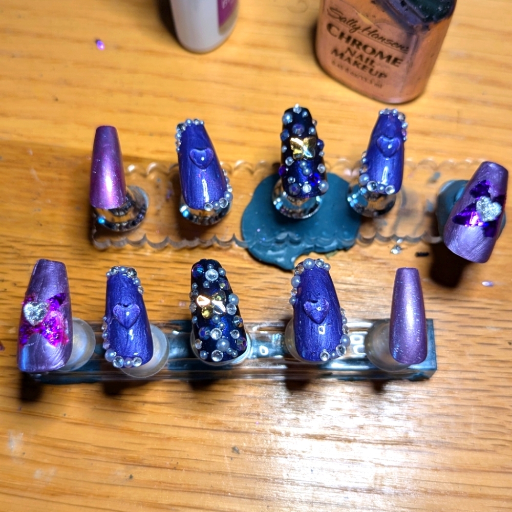 Purple Ombre Heart Butterflies with pearl and rhinestone custom Press On Nails